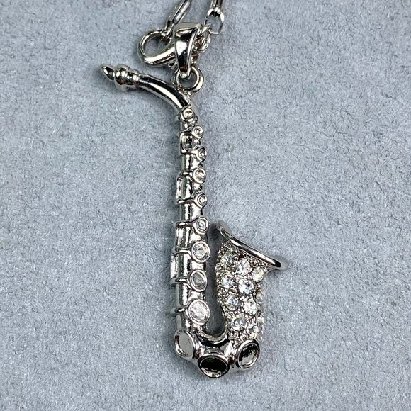 Jewelry Silver Tone Rhinestone Saxophone Pendant Necklace Music